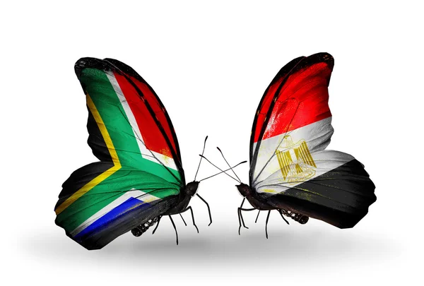 Two butterflies with flags on wings as symbol of relations South Africa and Egypt — Stock Photo, Image