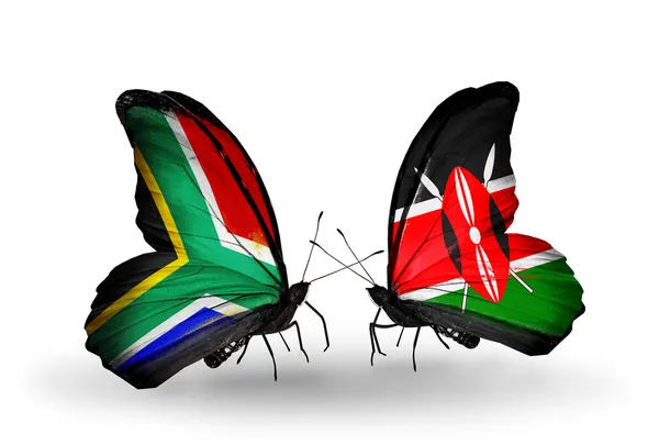 Two butterflies with flags on wings as symbol of relations South Africa and Kenya — ストック写真