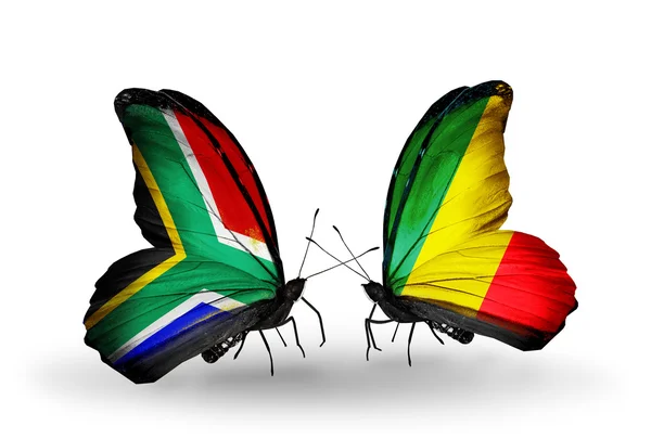 Two butterflies with flags on wings as symbol of relations South Africa and Kongo — Stock Photo, Image