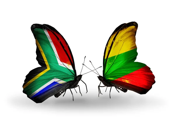 Two butterflies with flags on wings as symbol of relations South Africa and Lithuania — Stock Photo, Image