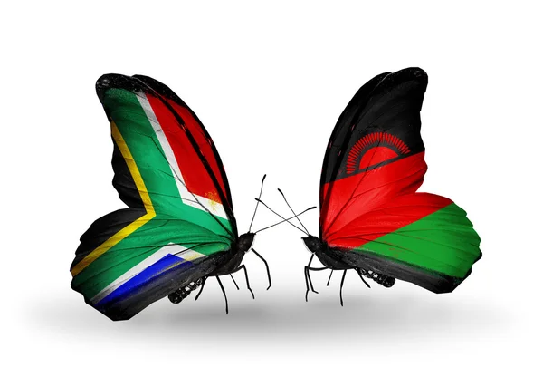 Twee vlinders met vlaggen op vleugels als symbool van relaties Zuid-Afrika en Malawi — Stockfoto