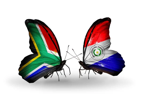 Due farfalle con bandiere sulle ali come simbolo delle relazioni Sud Africa e Paraguay — Foto Stock