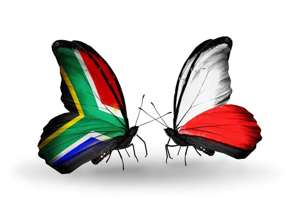 Two butterflies with flags on wings as symbol of relations South Africa and Poland — Stock Photo, Image