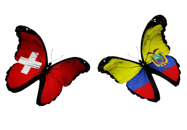Concepto - dos mariposas con banderas de Suazilandia y Ecuador ondeando, como dos equipos de fútbol jugando —  Fotos de Stock
