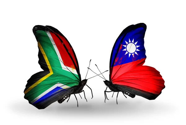 Dwa motyle z flagami na skrzydłach jako symbol stosunków, Afryka Południowa i Tajwan — Zdjęcie stockowe