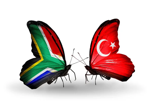 To sommerfugler med flagg på vingene som symbol på forbindelsene Sør-Afrika og Tyrkia – stockfoto