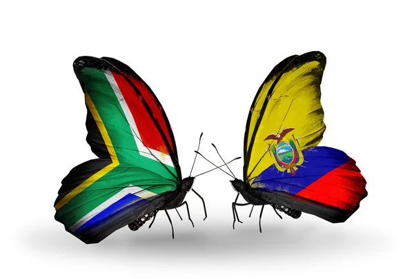 Zwei Schmetterlinge mit Flaggen auf Flügeln als Symbol der Beziehungen zwischen Südafrika und Ecuador — Stockfoto