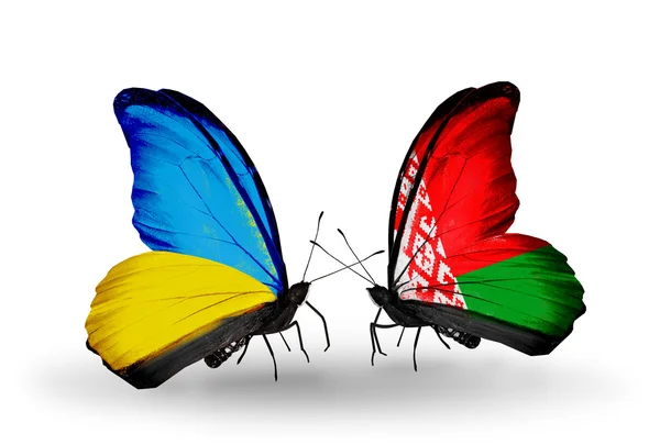 Deux papillons avec des drapeaux sur les ailes comme symbole des relations Ukraine et Belarus — Photo