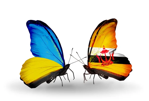 Due farfalle con bandiere sulle ali come simbolo delle relazioni Ucraina e Brunei — Foto Stock