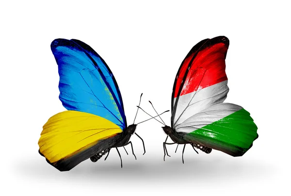 Dos mariposas con banderas en alas como símbolo de las relaciones Ucrania y Hungría —  Fotos de Stock