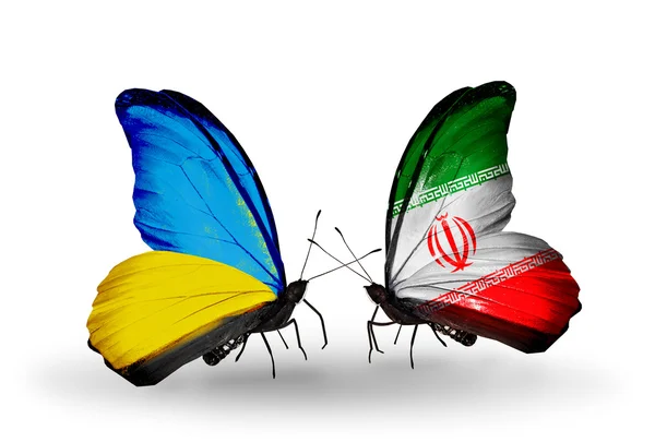 Two butterflies with flags on wings as symbol of relations Ukraine and Iran — Stockfoto