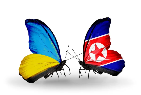 Dos mariposas con banderas en alas como símbolo de las relaciones Ucrania y Corea del Norte — Foto de Stock