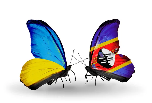 İki kanat bayrakları ile ilişkileri sembolü olarak Ukrayna ve Svaziland kelebekler — Stok fotoğraf