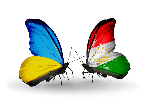 Two butterflies with flags on wings as symbol of relations Ukraine and Tajikistan — Stock Photo, Image