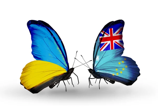 Two butterflies with flags on wings as symbol of relations Ukraine and Tuvalu — Stock Photo, Image