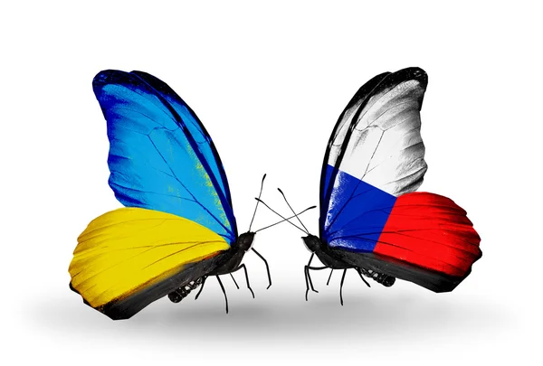 Two butterflies with flags on wings as symbol of relations Ukraine and Czech — Stock Photo, Image