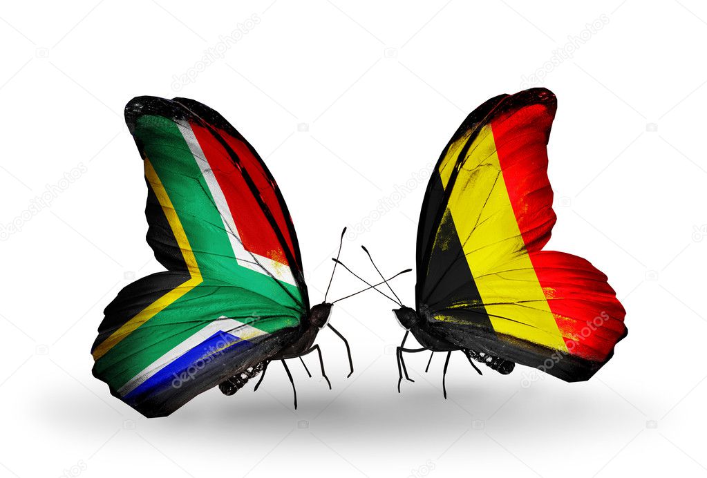 Two butterflies with flags on wings as symbol of relations South Africa and Belgium