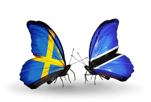 Two butterflies with flags on wings as symbol of relations Sweden and Botswana — Stock Photo, Image