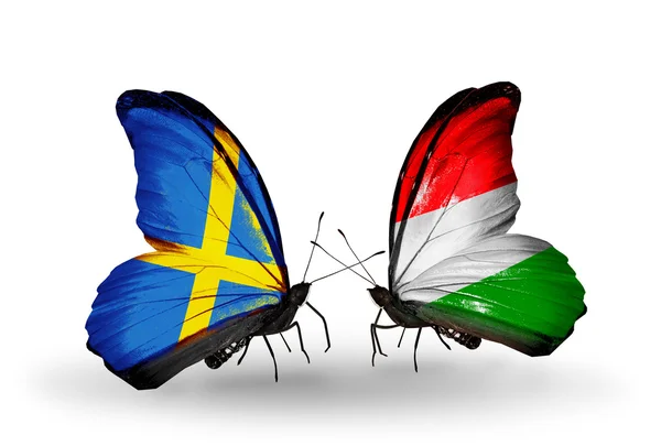 Dva motýli s příznaky na křídlech jako symbol vztahů, Švédsku a Maďarsku — Stock fotografie