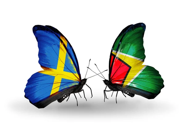 Duas borboletas com bandeiras em asas como símbolo de relações Suécia e Guiana — Fotografia de Stock