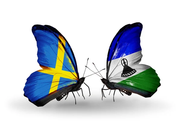 Two butterflies with flags on wings as symbol of relations Sweden and Lesotho — Stock Photo, Image