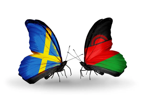 Two butterflies with flags on wings as symbol of relations Sweden and Malawi — Stock Photo, Image