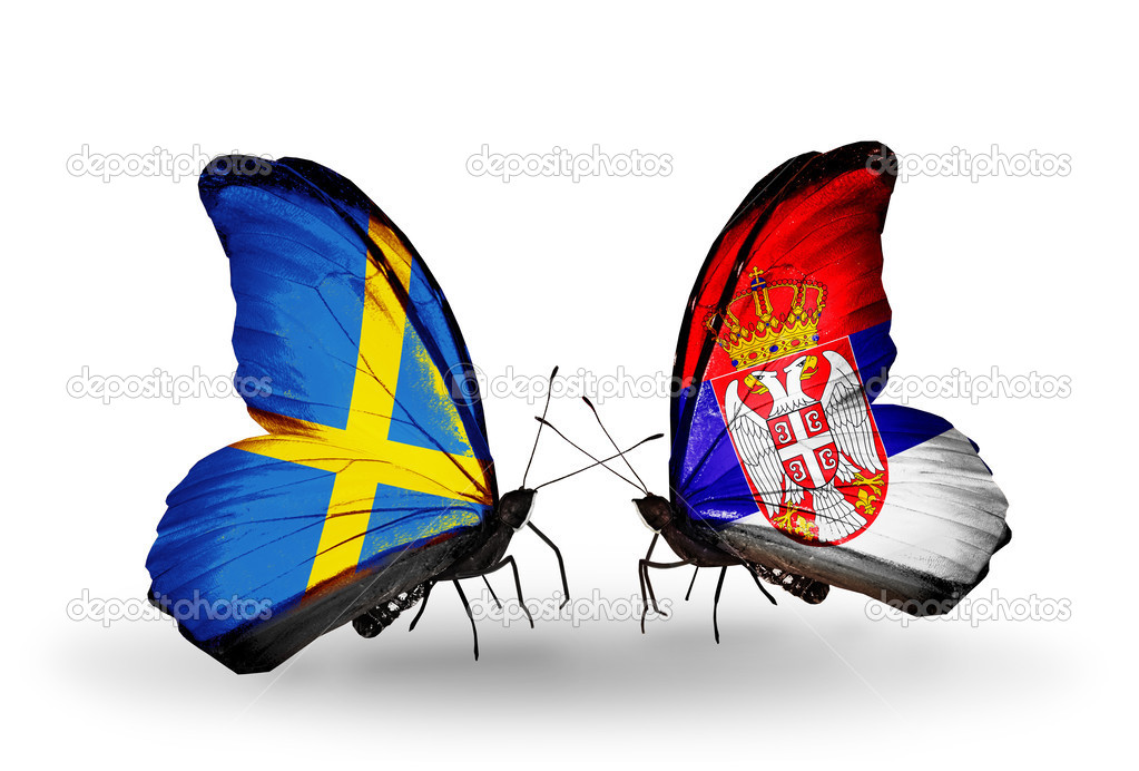 Two butterflies with flags on wings as symbol of relations Sweden and Serbia