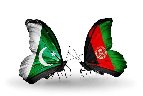 Twee vlinders met vlaggen van pakistan en afghanistan op vleugels — Stockfoto