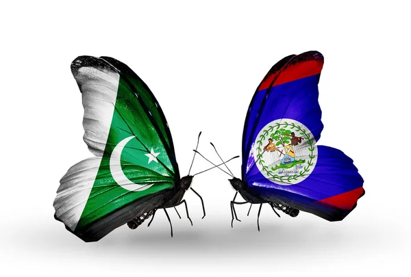 Deux papillons avec des drapeaux du Pakistan et du Belize sur les ailes — Photo