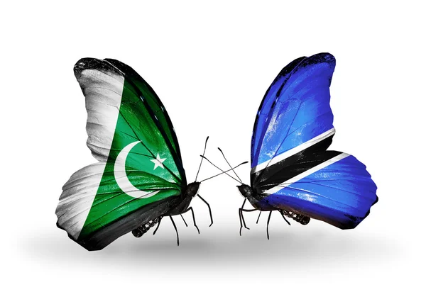 Deux papillons avec des drapeaux du Pakistan et du Botswana sur les ailes — Photo