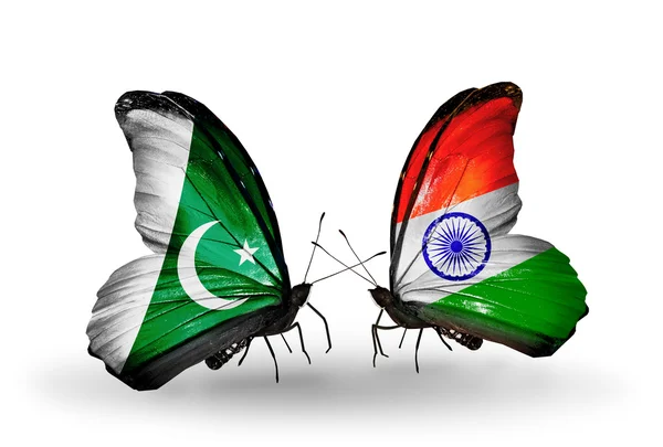 Dos mariposas con banderas de Pakistán e India en alas —  Fotos de Stock