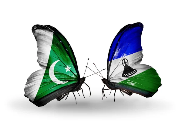 Deux papillons avec des drapeaux du Pakistan et du Lesotho sur les ailes — Photo