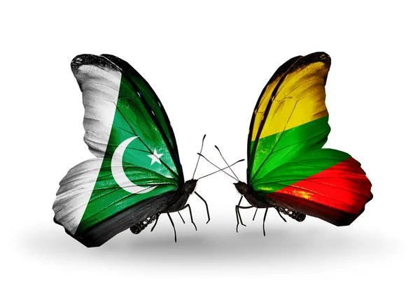 Deux papillons avec des drapeaux du Pakistan et de la Lituanie sur les ailes — Photo