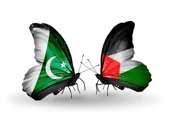 Two butterflies with flags of Pakistan and Palestine on wings — Stock Photo, Image