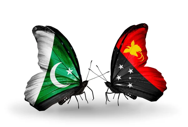 Twee vlinders met vlaggen van pakistan en Papoea-Nieuw-guinea op vleugels — Stockfoto