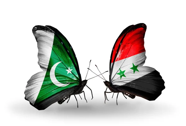 Deux papillons avec des drapeaux du Pakistan et de la Syrie sur les ailes — Photo