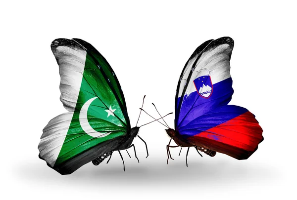 Deux papillons avec des drapeaux du Pakistan et de la Slovénie sur les ailes — Photo