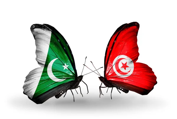 Two butterflies with flags of Pakistan and Tunisia on wings — Stock Photo, Image