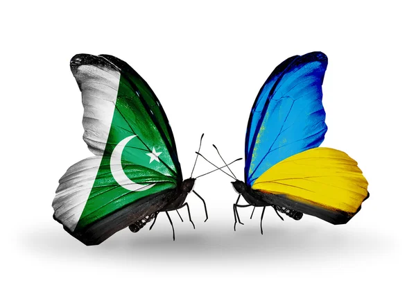 Deux papillons avec des drapeaux du Pakistan et de l'Ukraine sur les ailes — Photo