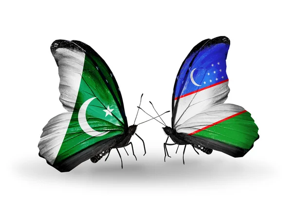 Two butterflies with flags of Pakistan and Uzbekistan on wings — Stock Photo, Image