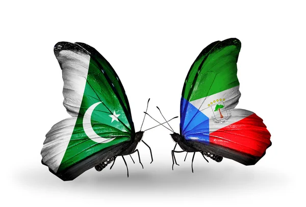 Dwa motyle z flagi pakistan i Gwinei Równikowej na skrzydłach — Zdjęcie stockowe