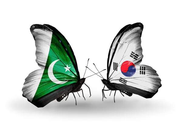 Twee vlinders met vlaggen van pakistan en Zuid-korea op vleugels — Stockfoto