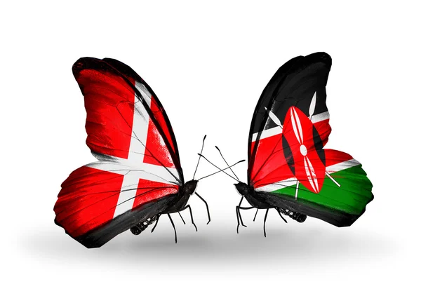 Two butterflies with flags of Denmark and Kenya on wings — Stock Photo, Image