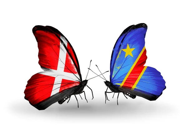 Two butterflies with flags of Denmark and Kongo on wings — Stock Photo, Image