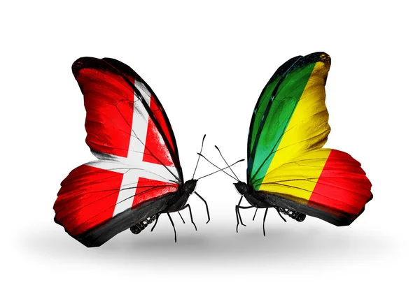 Twee vlinders met vlaggen van Denemarken en kongo op vleugels — Stockfoto