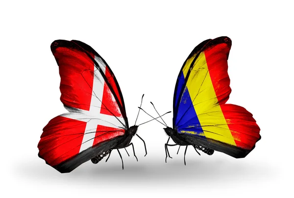 Two butterflies with flags of Denmark and Chad, Romania on wings — Stock Photo, Image