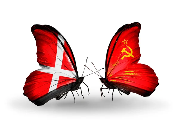 Two butterflies with flags of Denmark and Soviet Union on wings — Stock Photo, Image