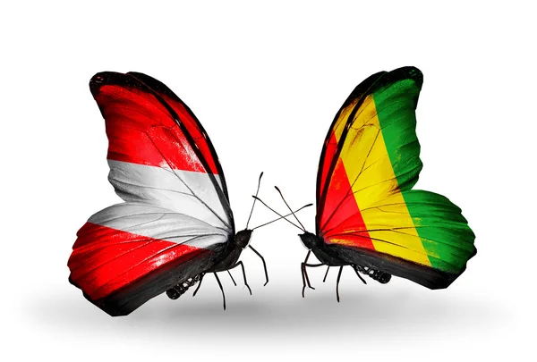 Two butterflies with flags of Austria and Guinea on wings — Stock Photo, Image