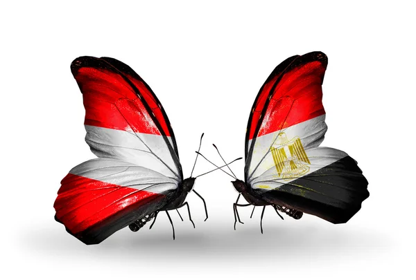Duas borboletas com bandeiras da Áustria e Egito em asas — Fotografia de Stock