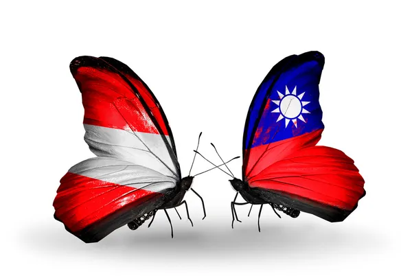 Two butterflies with flags of Austria and Taiwan on wings — Stock Photo, Image